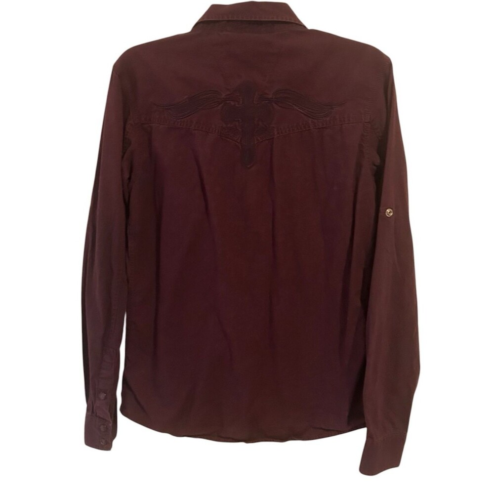 CJ Black Slim Fit Men's Purple Embroidered Cross Y2K Snap Front Shirt Small